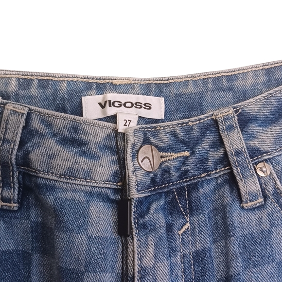 VIGOSS Checker Print Medium Wash Blue Denim Slim Straight Leg Jeans 27 NWT - Picture 3 of 9